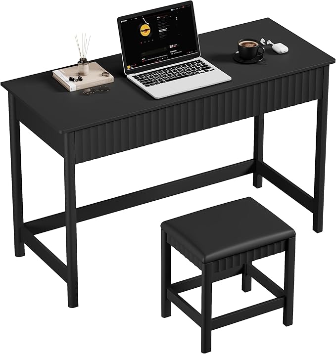 ChooChoo 47.2 Inch Modern Desk with Drawers, Makeup Vanity Desk with Padded Stool, Writing Computer Desk for Home Office & Bedroom, Black