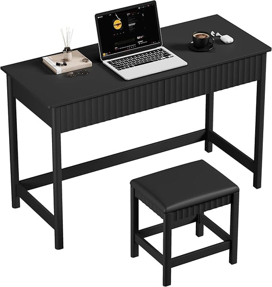 ChooChoo 47.2 Inch Modern Desk with Drawers, Makeup Vanity Desk with Padded Stool, Writing Computer Desk for Home Office & Bedroom, Black