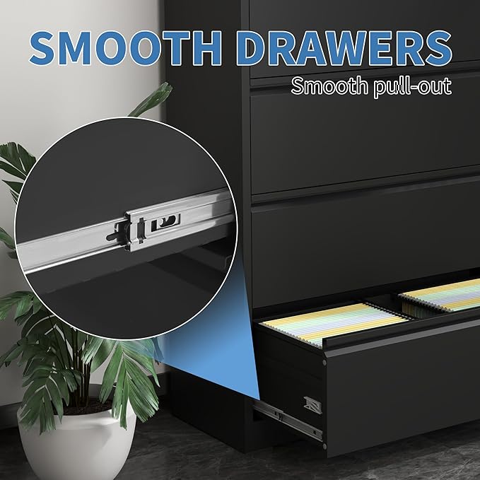 4 Drawer File Cabinets,Metal Office Storage Filing Cabinet with Lock,Black Lateral Filing Cabinet for Home Office,Horizontal Locking File Cabinet for Legal/Letter/A4,Assembly Require,Black
