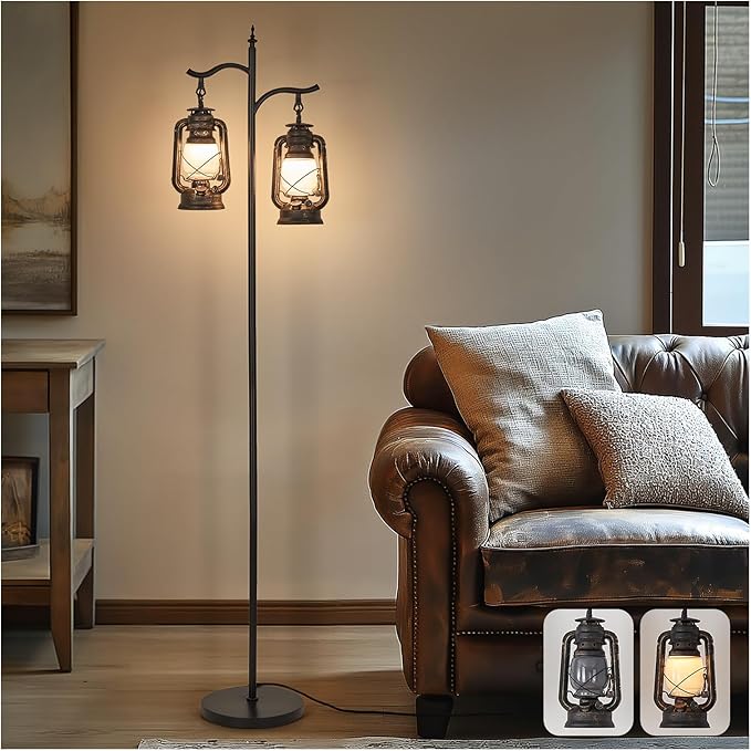 3-Way Lighting Dual Head Farmhouse Floor Lamp, Heavy-Duty Metal Farmhouse Design with Rock-Solid Base, Vintage Standing Lamp for Living Room, Bedroom - Rustic Black Brown Finish
