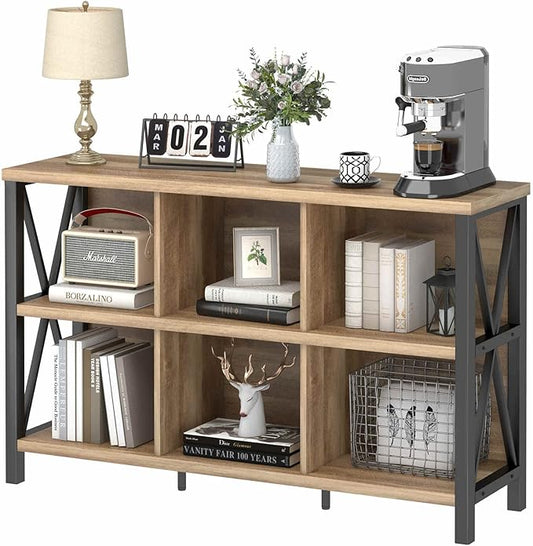 FATORRI 6 Cube Storage Organizer with Shelf, Long Wood and Metal Cubby Bookcase, Industrial Horizontal Bookshelf (Rustic Oak, 47 Inch) | with Shelf, Long, Horizontal Bookshelf