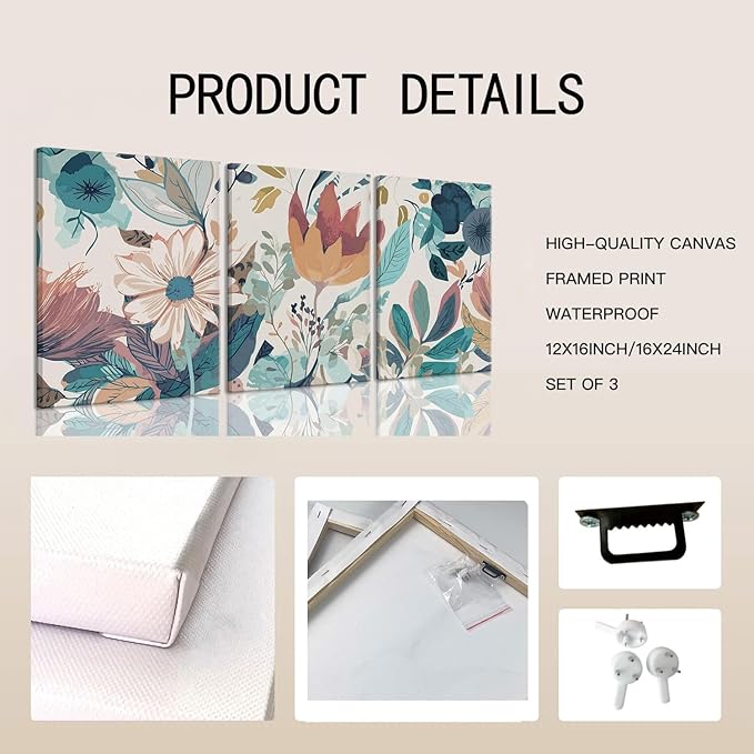 TUEASKY 3 Piece Canvas Wall Art Flower Wall Decor Botanical Pictures Floral Paintings Watercolor Prints Boho Artwork for Bedroom Bathroom Living Room