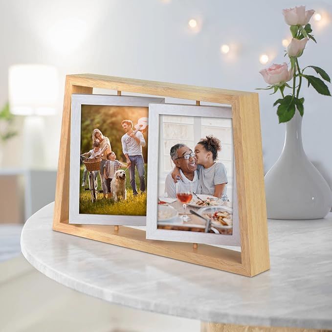 ZEEYUAN 4x6 Desk Picture Frames Rotating Rustic Photo Frame Floating 4x6 Double Side Frame for Tabletop Office Decor, Mothers Day Gifts Picture Frame for Mom Gift from Daughter Son