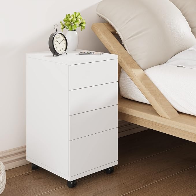 TTVIEW 4-Drawer Chest, Mobile Wood Storage File Cabinet, Filing Cabinet with Wheels, Rolling Pedestal Under Desk White 12.9x15.3X 25 in