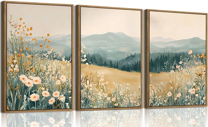 KISSFOX 3 Piece Framed Wildflower Wall Art Floral Wall Decor Landscape Flower Pictures Mountain Canvas Art Daisy Paintings Farmhouse Artwork For Bedroom Bathroom Living Room