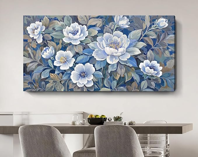 amatop Oversized Wall Art Large Floral Blue Canvas Picture Modern Canvas Wall Decor For Living Room Botanical Artwork Abstract Art Print For Dining Room Bedroom Hallway And Office 58X29