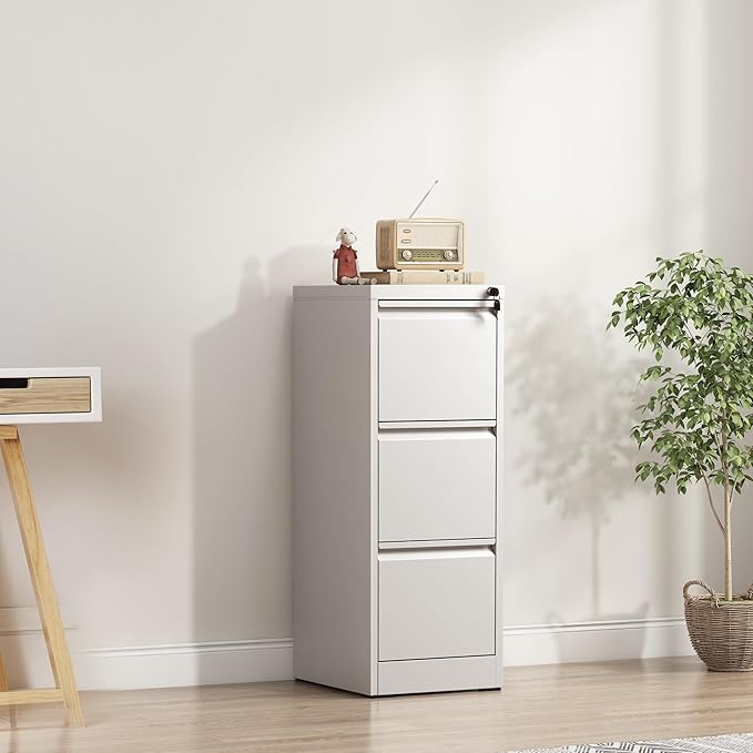 3 Drawer File Cabinet with Lock, Metal Filing Cabinet for Home Office, Vertical File Cabinet for Letter/Legal/A4/F4 Documents, Easy to Assemble Steel Storage Cabinet