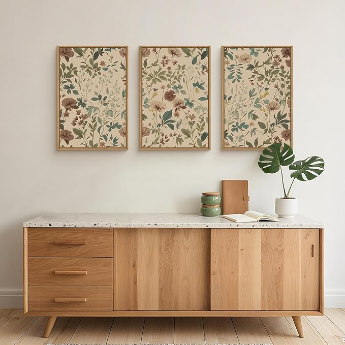 Large Retro Boho Floral Framed Canvas Wall Art Set,Vintage Neutral Wildflower Wall Decor,Abstract Mid Century Antique Flower Botanical Artwork for Living Room,Bedroom,Farmhouse- 24"x36"x3