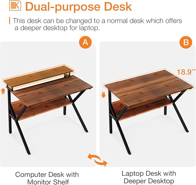 ODK Small Desk, 27.5 Inch Computer Desk for Small Spaces, Kids Desk with Storage, Study Table with Monitor Stand for Homeschool, Deep Brown