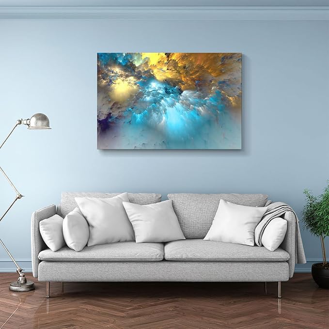 Golden Canvas Wall Art Blue Modern Abstract Painting Prints Colorful Smoke Billowing on White Background Framed Energetic Artwork Pictures for Living Room Bedroom Hallway Wall Decoration 48x32in