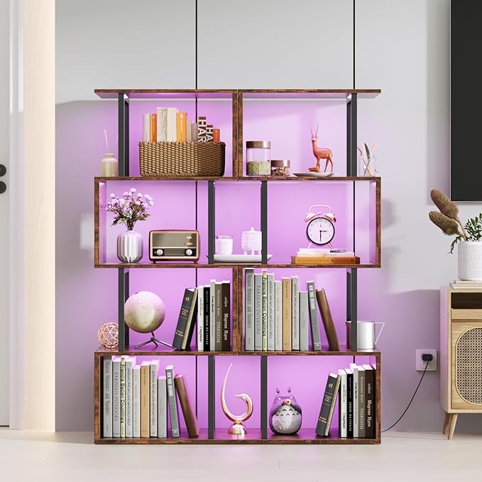 Furologee 5 Tier Geometric Bookshelf with LED Light, Small S-Shaped Bookcase, Industrial Display Standing Shelf, Metal Wooden Decorative Storage Shelves for Bedroom, Living Room, Office, Rustic Brown
