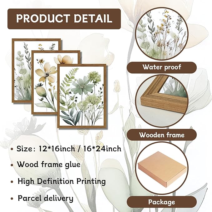 Wood Framed Sage Green Botanical Wall Art Set of 3, Boho Floral Canvas Wall Decor Paintings, Minimalist Flower Posters Prints Pictures for Bedroom Bathroom Living Room Home Decor 16x24 Inch