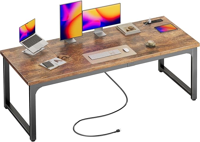 Huuger 63 x 24 inch Desk with Power Outlets & USB-C, Deeper & Thicker Desktop, Robust Metal Tubes, Computer Desk, Heavy Duty Office Desk, Work Gaming Desk, for Home Office, Rustic Brown