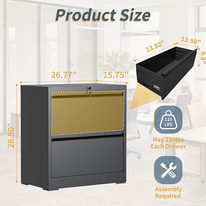 2 Drawer File Cabinet with Lock, Lateral Filing Cabinets,Metal Storage Filing Cabinets for Home Office, Heavy Duty File Cabinet for Letter/Legal/A4/F4 Size Assemble Required, Black