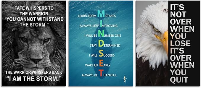 Inspirational Painting Wall Art Mindset 3 Pieces Canvas Print Office Wall Decor Lion Poster Inspiring Framed Animal Picture Motivational Quotes for Wall Art Living Room Gym Decoration[36''Wx 16''H]