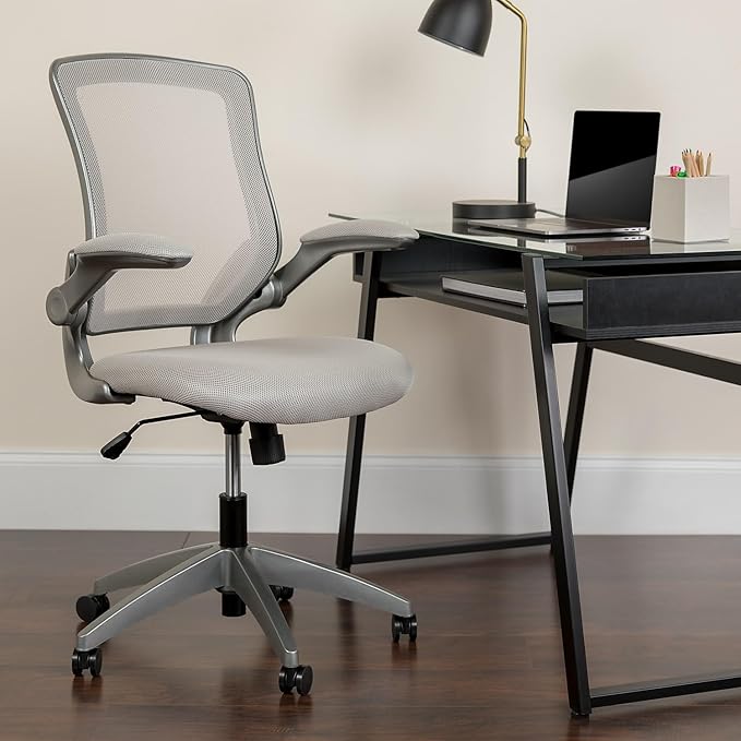 Flash Furniture Kale Mid-Back Gray Mesh Swivel Ergonomic Task Office Chair with Gray Frame and Flip-Up Arms