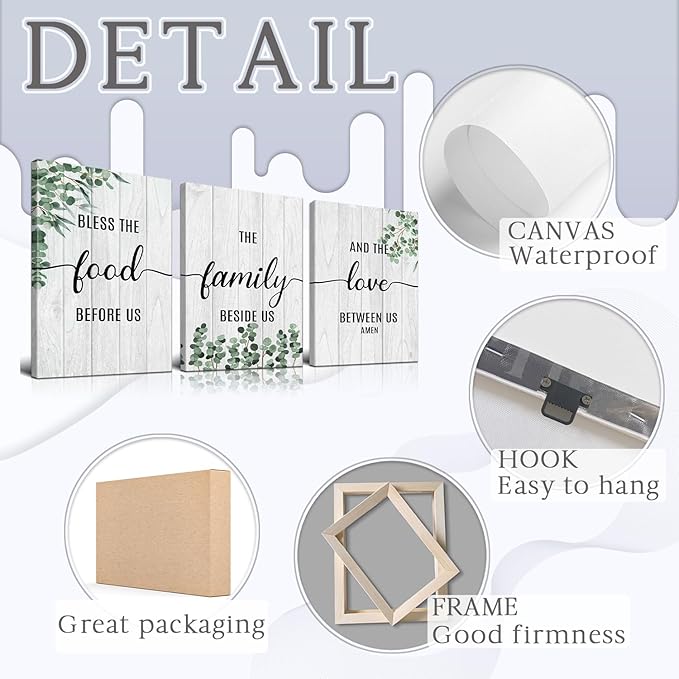 YOUHONG 3 Piece Family Wall Art Bless the Food Before us Wall Decor Kitchen Decor Farmhouse Blessed Wall Decor Kitchen Art for Dining Room (20''Wx28''Hx3PCS)