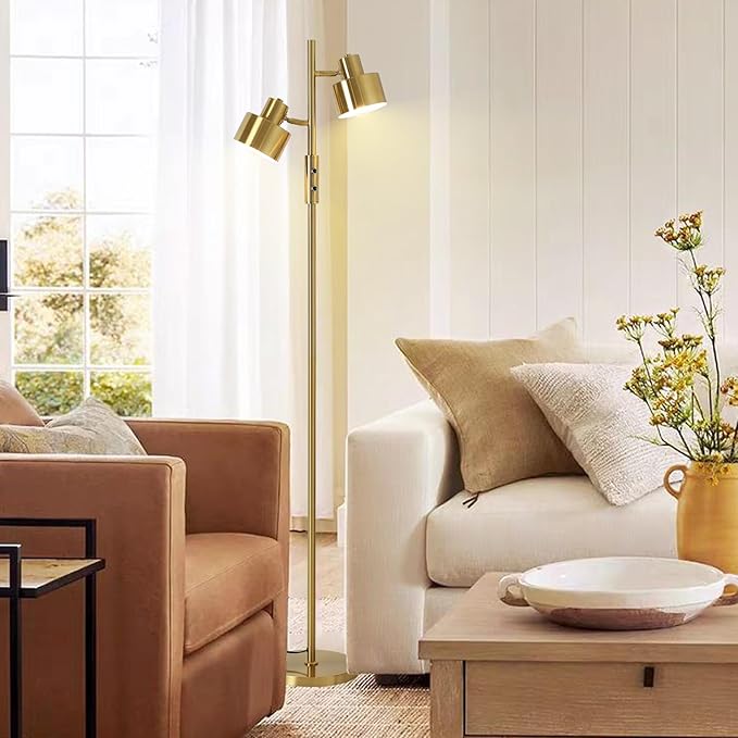 Dimming Floor Lamp with 2 Adjustable Head,Tall Modern Industrial Vintage Standing Lamps for Living Room, Bedroom, Office,Study,Gold Corner Light for Reading