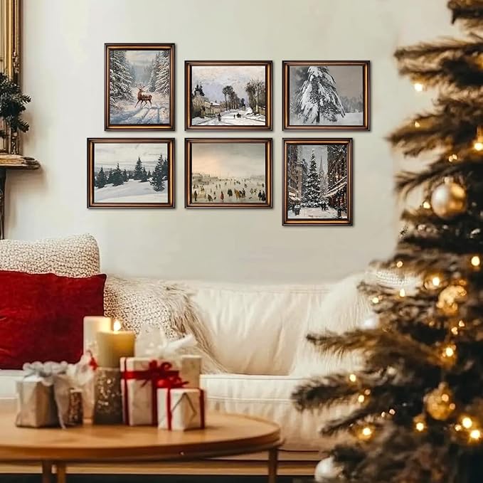Hwetui Vintage Christmas Canvas Wall Art Poster Set of 6, Winter Tree Reindeer Pictures Wall Decor, Forest Snowy Landscape Paintings Prints Artwork for Home Living Room Bedroom 12×16 inch Unframed