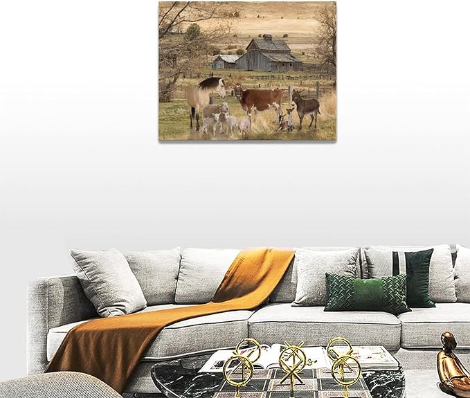 yerretin Farm Animal Wall Art Country Old Barn Pictures Wall Decor Rustic Canvas Print Farmhouse Landscape Painting Modern Home Artwork for Living Room Bedroom Bathroom Office Framed, 16"x12"