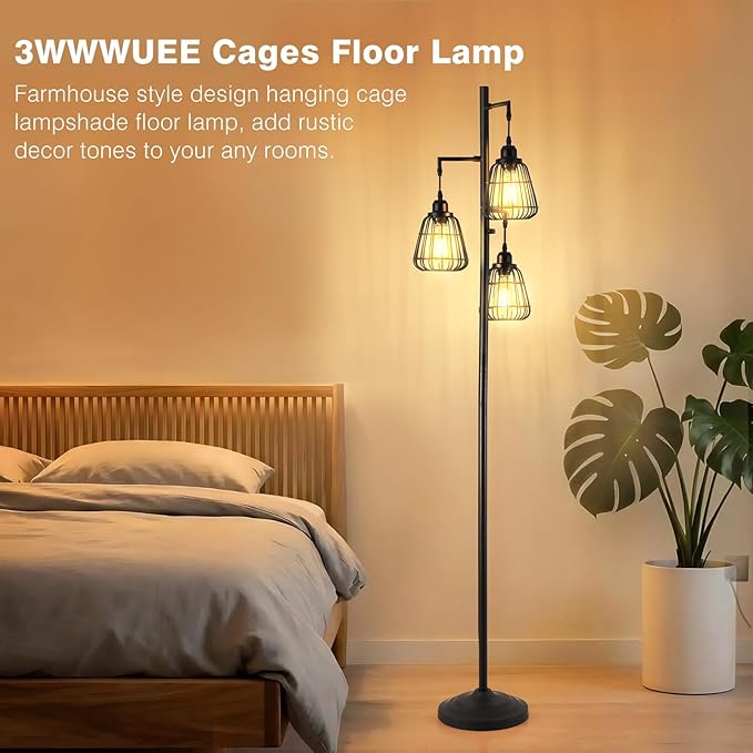 Black Dimmable 70'' Floor Lamp for Living Room Farmhouse 3-Light Tall Lamp with Bird Caged Lampshade Bedroom Floor Tree Standing Lamp (3xLED Bulb Included) - 315603BK