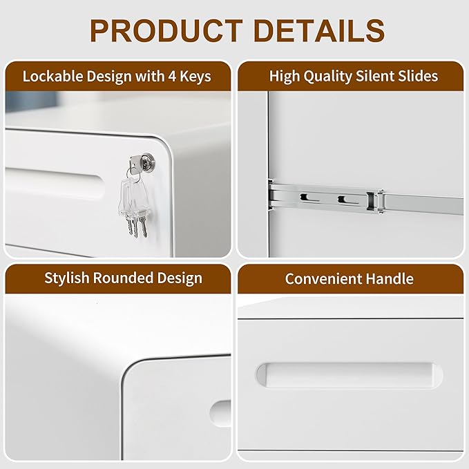 3 Drawers File Cabinet, Mobile Filing Cabinet with Lock, Steel, Fully Assembled Except Casters, for Home Office, for A4, Letter, Legal File Folders, White