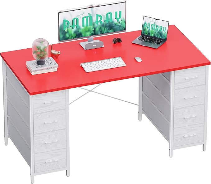 Pamray 47 Inch Computer Desk with 8 Fabric Drawers PC Gaming Desk Home Office Study Work Writing Table for Bedroom Red