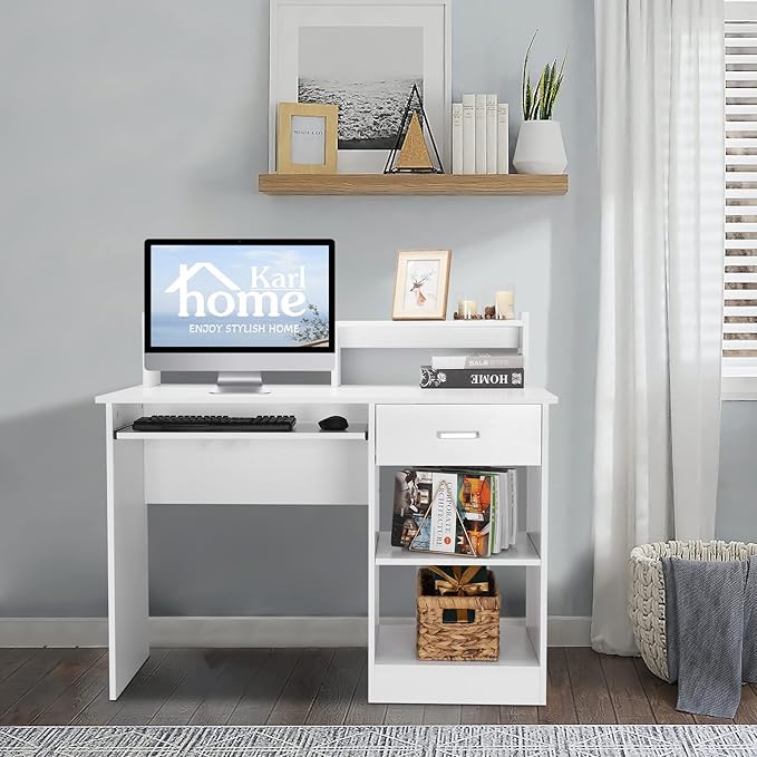 Karl home Computer Desk Study Writing Desk, PC Laptop Table Wooden Home Office Workstation with Drawer Shelf Keyboard Tray, White
