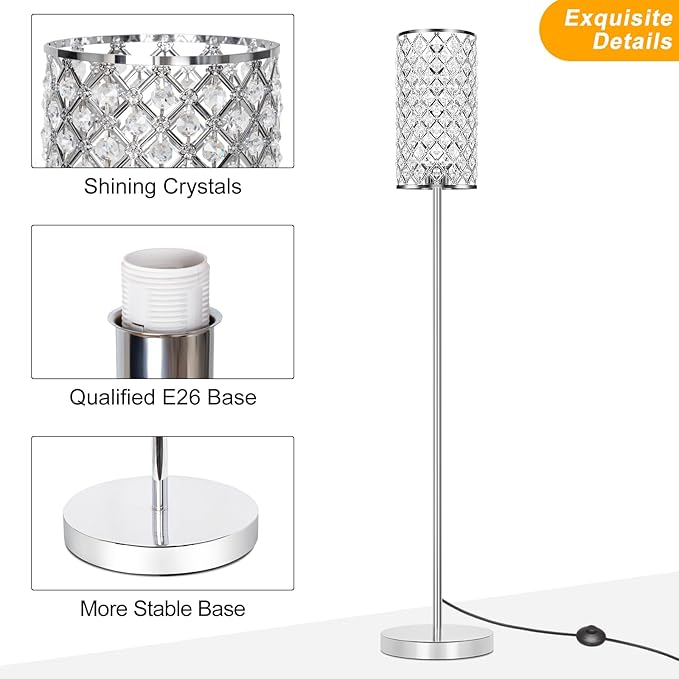 Crystal Floor Lamp, Modern Standing Lamp with Elegant Shade, LED Floor Lamp with On/Off Foot Switch Silver Finish Tall Pole Lamp Accent Lights for Living Room, Girl Bedroom, Dresser, Office (E26 Base)