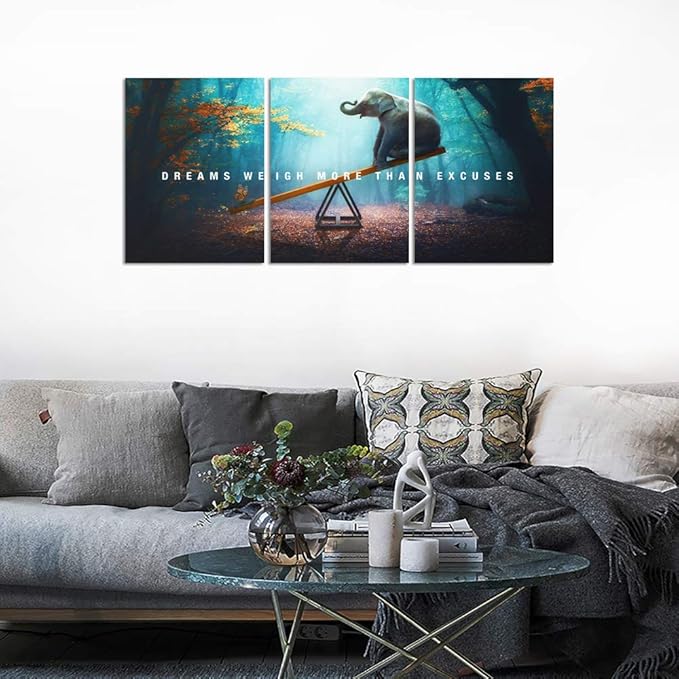 Unbruvo Elephant Wall Art for Office, Motivational Inspirational Canvas Wall Art, 3 Pieces Elephant Painting Prints Wall Decor for Living Room Bedroom Classroom Dorm(36”Wx16”H)