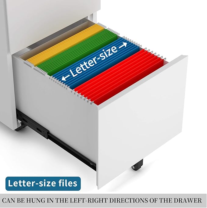 2 Drawer Locking File Cabinet with Wheels, Mobile Metal Filing Cabinet for Home and Office, Steel, White