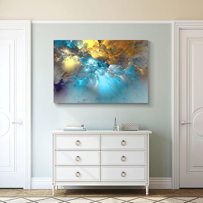 Golden Canvas Wall Art Blue Modern Abstract Painting Prints Colorful Smoke Billowing on White Background Framed Energetic Artwork Pictures for Living Room Bedroom Hallway Wall Decoration 48x32in