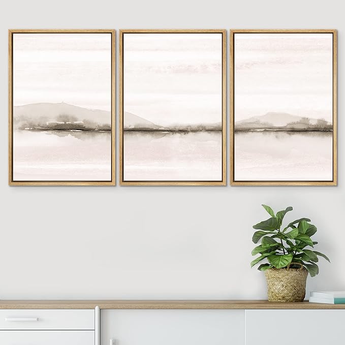 SIGNWIN Framed Canvas Print Wall Art Set Pastel Sunset Mountain Forest Lake Nature Wilderness Illustrations Modern Art Rustic Scenic Relax/Calm for Living Room, Bedroom, Office - 24"x36"x3 Natural