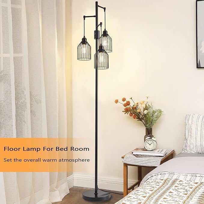 Dimmable Floor Lamp for Living Room, Farmhouse Floor Lamps with Elegant Hanging Cage, 3 x LED Edison Bulbs Included, 68.5" Industrial Standing Light for Bedroom Office Home Decor (Black)