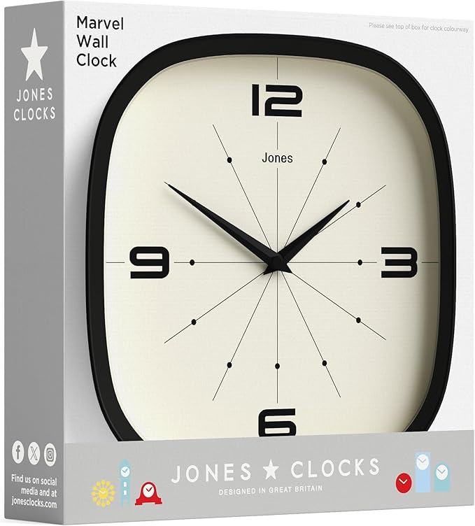 JONES CLOCKS® Pulsar wall Clock | Square Rounded Retro Clock | 10 inch | Orange | Cool Designer Look for Kitchen, Living Room or Office