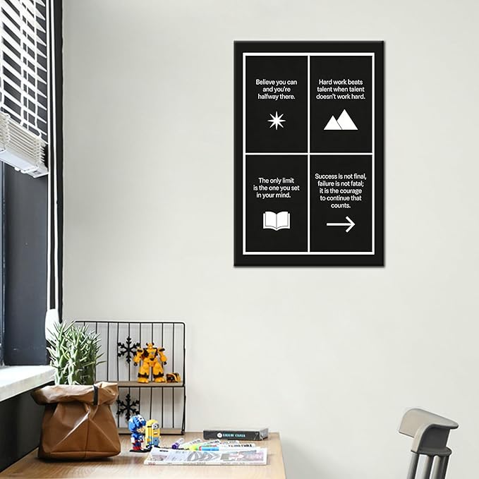 Motivational Wall Art Believe Hard Work Success Quote Inspirational Office Decor for Cubicle Small Framed Canvas Print 18x12 Inch Daily Positive Affirmations Artwork for Study Room