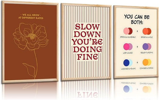 3 pcs Growth Mindset Wall Art Modern Minimalist Inspirational painting Wall decor pictures Slow Down You're Doing Fine posters Prints for Office Therapy Room Home decoration Unframed 16x24in
