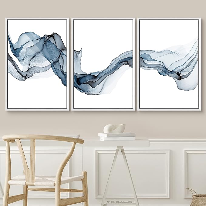 SIGNWIN Framed Canvas Print Wall Art Flowing Blue Smoke Abstract Shapes Digital Art Modern Art Minimalist Relax/Calm Cool for Living Room, Bedroom, Office - 16"x24"x3 White