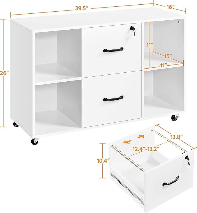 Topeakmart Mobile File Cabinet with 2 Drawers and 4 Open Storage Shelves Large Lateral Filing Cabinet Printer Stand for Home and Office，White