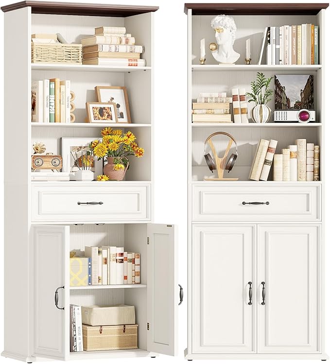 Cyclysio 80" Tall Bookcase Set of 2, Farmhouse 2 Set Bookshelves with Drawer and Doors, Floor Standing 6 Shelf Display Storage Cabinet for Home Office, Living Room (2, Antique White/Walnut)