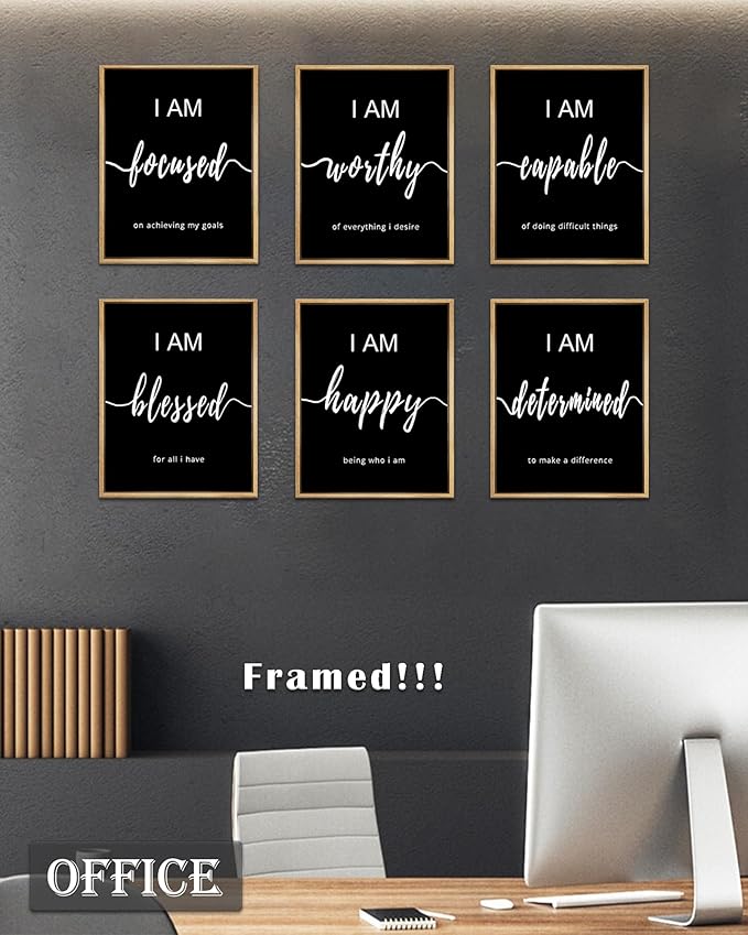 Drsoum Inspirational Wall Art Office Decor, Wood Framed Motivational Wall Art Prints for Office Classroom,Black and White Daily Positive Affirmations Posters for Women Men Kids, 8"x10"x6pcs,FRAMED