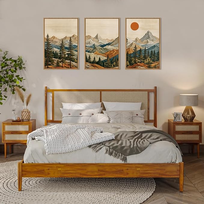 Ausril Boho Woodcut Mountain Framed Canvas Wall Art Set, Woodcut Pine Tree Wall Decor, Brown Wooden Forest Wall Painting, Vintage Mountain Sunrise Art Print for Living Room, Bedroom, Office 16"X24"X3