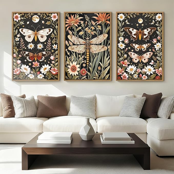 ANHUIB William Morris Wall Art 16x24 Inch Vintage Floral Wall Decor Framed Butterfly Dragonfly Prints Nature Botanical Animal Artwork Set of 3 for Living Room Bedroom Office