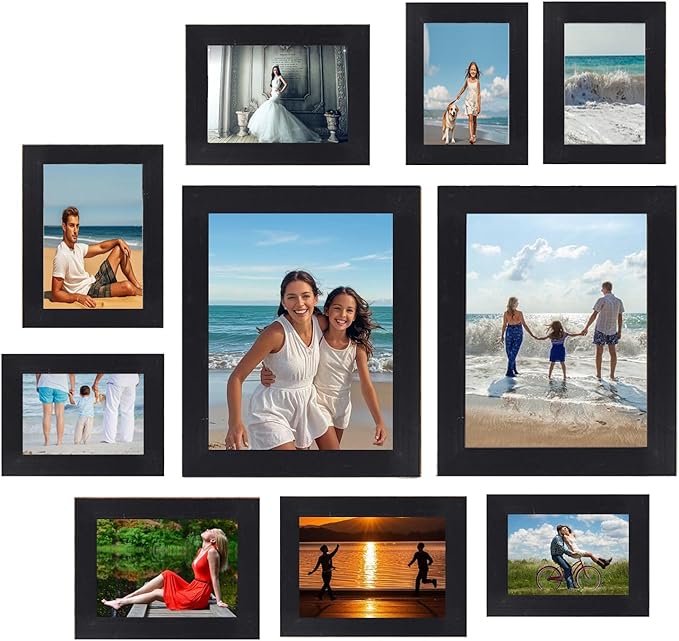 Pacome Picture Frames set with Two 11x14, Four 8x10, Four 5x7 Gallery Wall Frame Set, Collage Picture Frame,10Pack Farmhouse wood Photo Frames for living room Wall Gallery Decor or Desk,Black