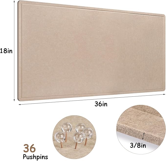Foldable Bulletin Felt Board, 36x18 Inches Cork Board Alternative, Large Felt Board Decorative Pin Board for Wall, Foldable Photo Board Self-Adhesive Vision Board with 36 Pushpins Khaki