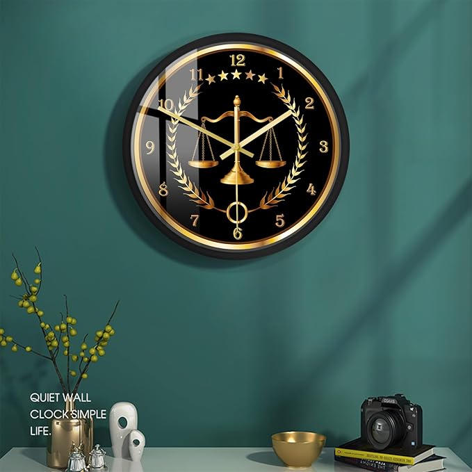 Scale of Justice Metal Frame Round Clock, Battery Operated Quartz Non Ticking Judge Law Black Aluminum Frame Wall Clock for Lawyer Office Decor Law Firm Office School Living Room Wall Art