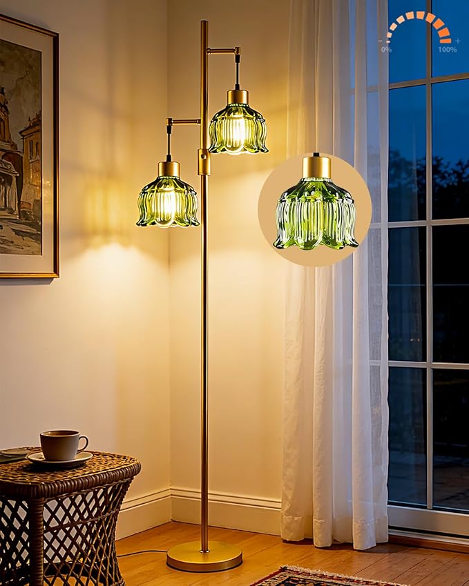 Lightdot 2- Light Gold Flower Floor Lamp, 65IN Green Glass Floor Lamps with 3000K Warm White Bulbs, Modern Standing Tall Lamp for Living Room Bedroom Home Office Corner Sofa Beside