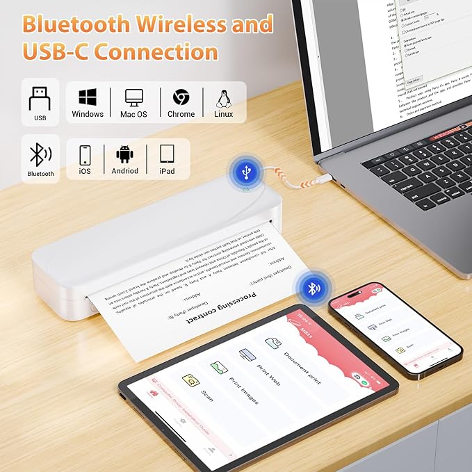 Phomemo Portable Printers Wireless for Travel, M833 Bluetooth Thermal Printer Compatible with Phone & Laptop,Support 8.5'' x 11'' US Letter & A4, 300Dpi Inkless Mobile Printer for Office, Home, School