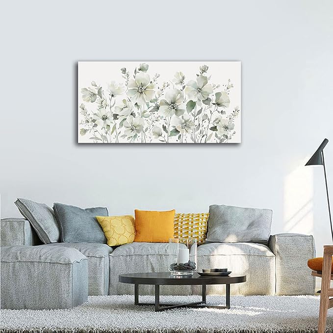 Elegant Flowers Wall Art Abstract Floral Pictures Wall Decor Modern Green Botanical Canvas Painting Flower Blossom Canvas Print Artwork for Living Room Bedroom Office Home Wall Decoration 24" x 48"