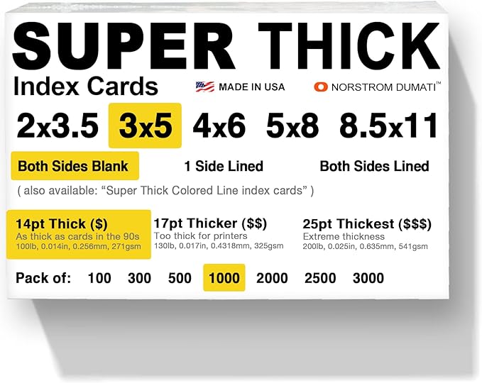 1,000 SUPER THICK index cards / 3"x5" / 14pt (0.014") 100lb / blank un-ruled/archival acid-free in bulk